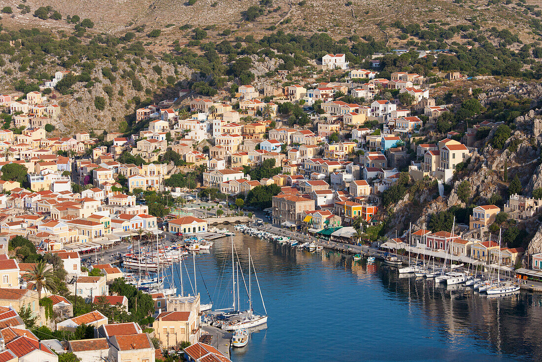 View over the colourful harbour, Gialos Yialos, Symi Simi, Rhodes, Dodecanese Islands, South Aegean, Greece, Europe
