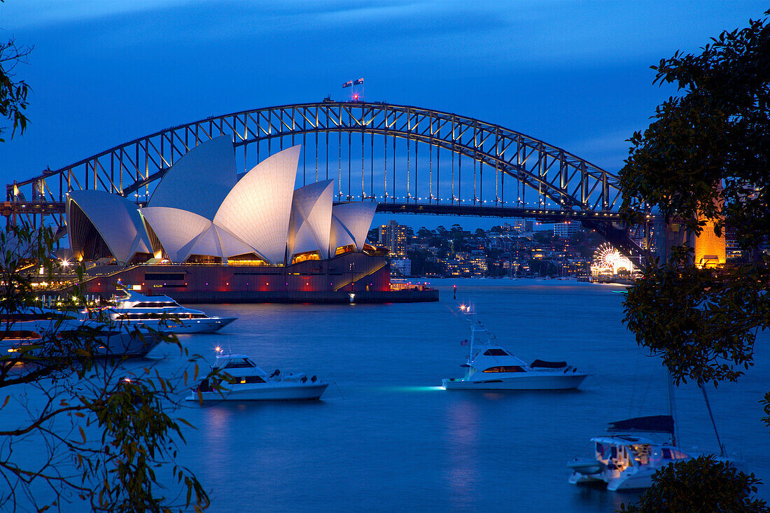 Opera House and Harbour Bridge from Mrs Macquarie's Chair at Dusk, Sydney, New South Wales, Australia, Oceania