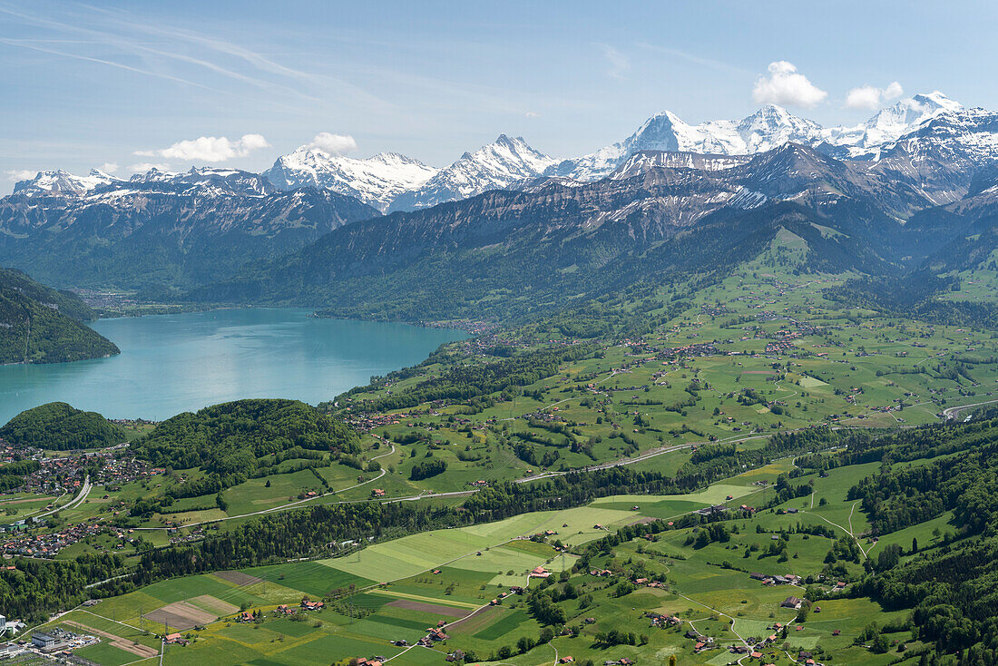 Thunersee, dahinter Wetterhorn, Schreckhorn, Lauteraarhorn, Eiger, Mönch und Jungfrau, Berner Oberland, Kanton Bern, Schweiz