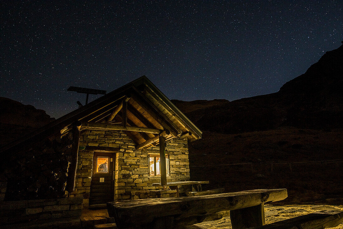 The Borgna Hut at sunset, Val Verzasca, Lepontine Alps, canton of Ticino, Switzerland