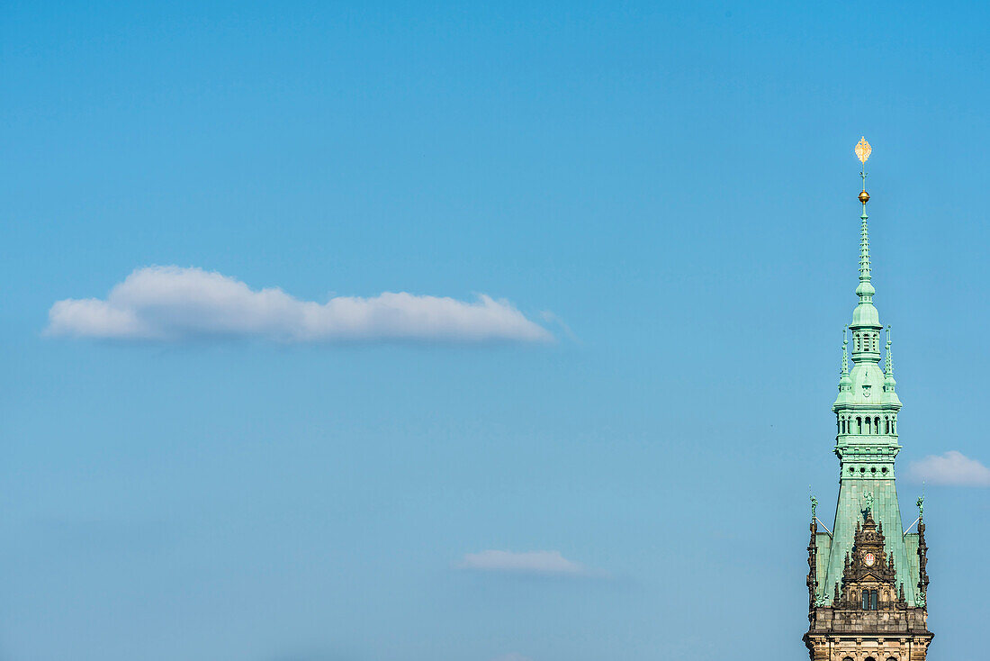 The top of the (112-m-high) tower in the historical style of the neorenaissance built Hamburg city hall, Hamburg, Germany