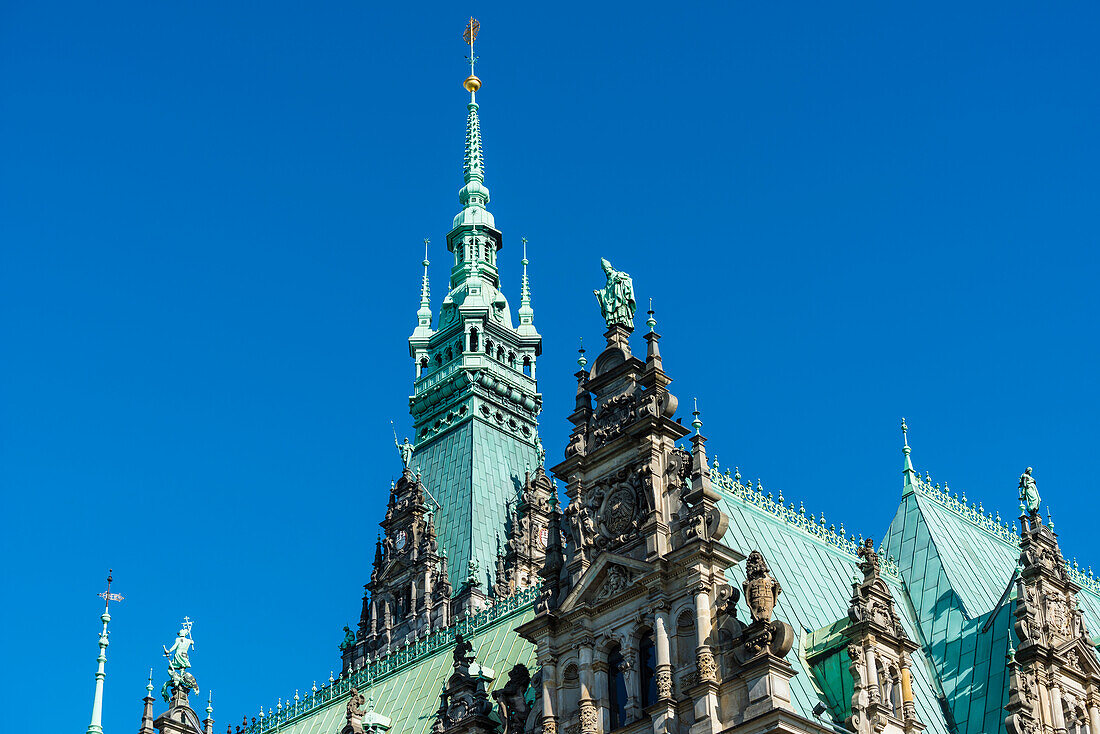 In the historical style of the neorenaissance built Hamburg city hall with the (112-m-high) tower, Hamburg, Germany