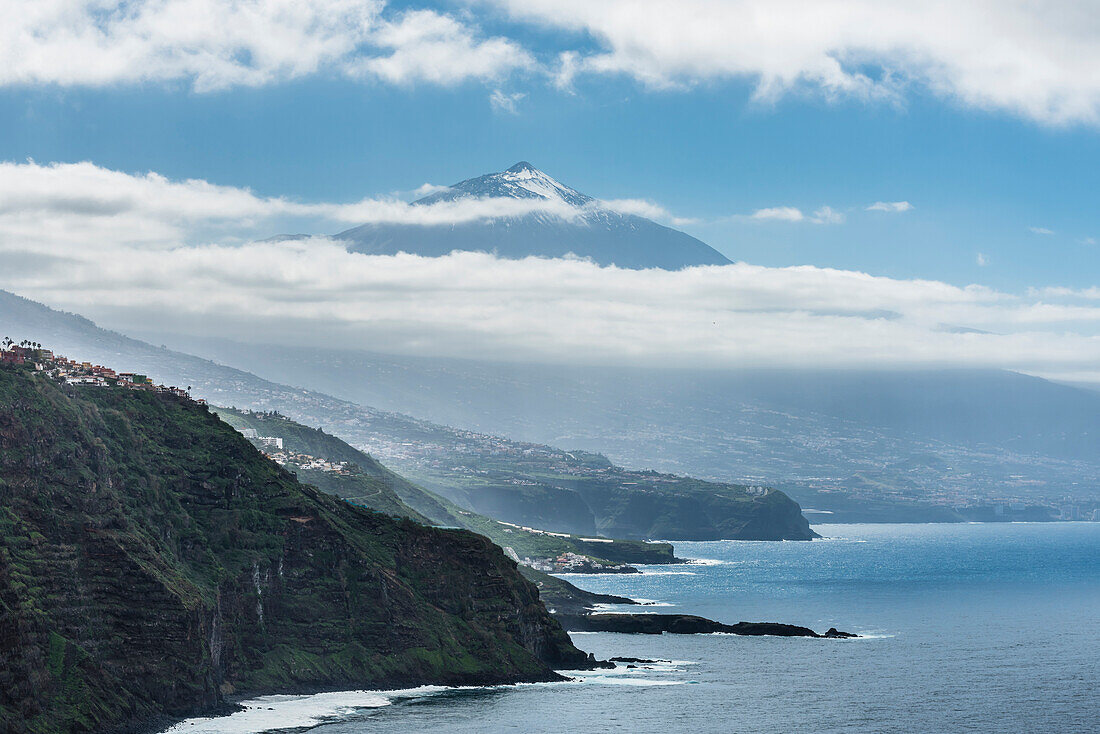 View from Mesa del Mar with the steep coast at the Teide, (3718m), landmark of the island, the highest mountain of Spain, volcano mountain, Tenerife, Canary islands, Spain