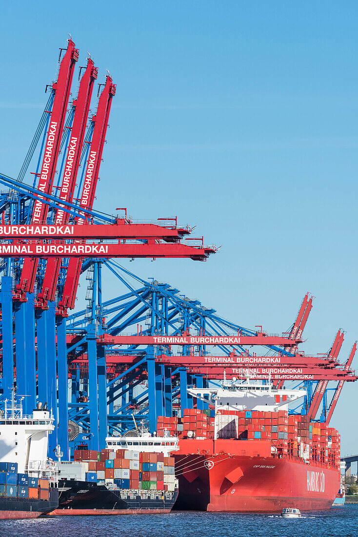 Eine Barkasse auf der Hafenrundfahrt fährt an großen Containerschiffen und Kränen am Containerterminal Burchardkai vorbei, Hamburg, Deutschland