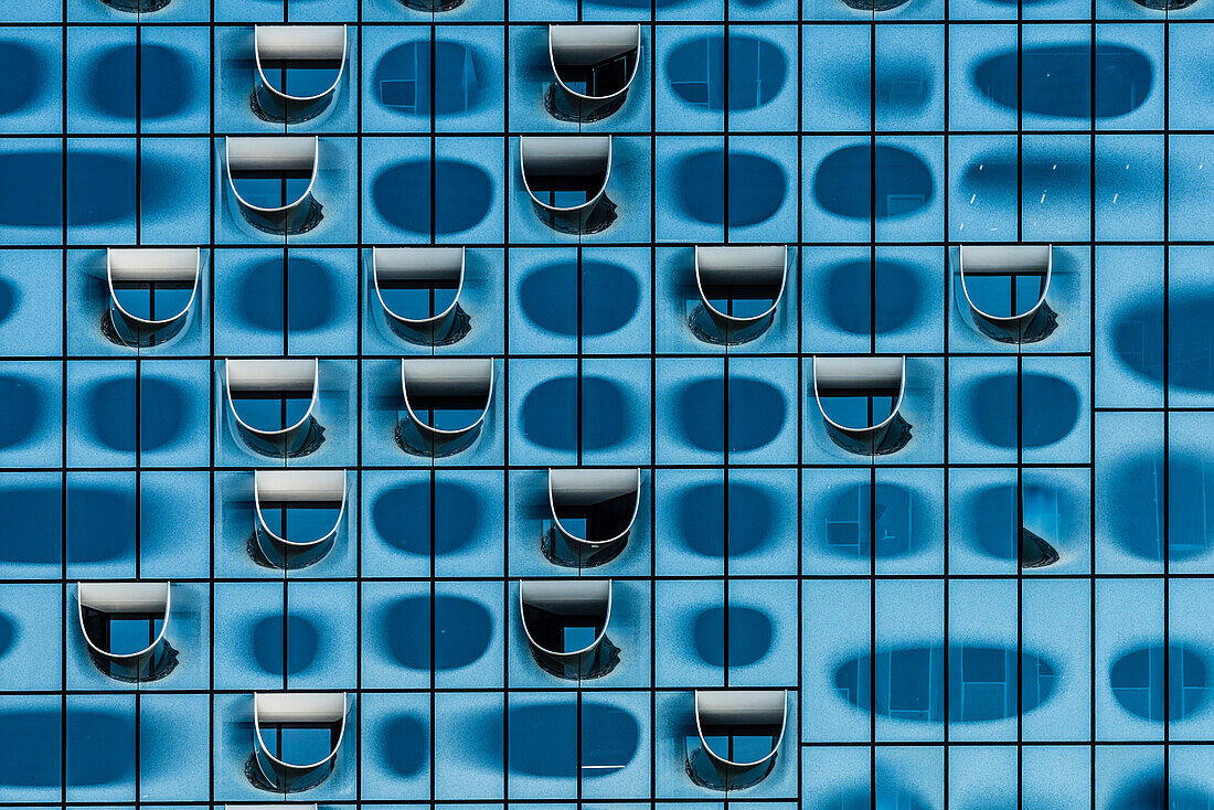 The worldwide unique spherical crooked windowpanes of the concert hall Elbphilharmonie, harbour city, Hamburg, Germany