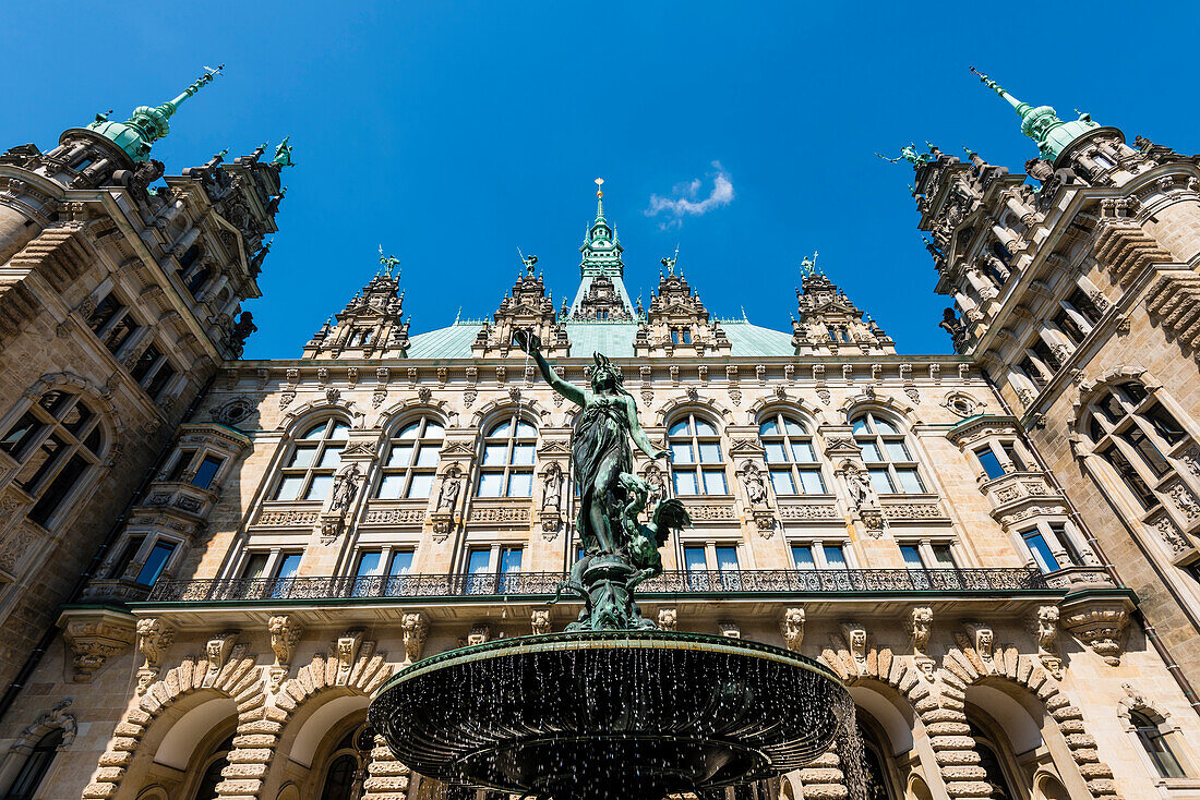 The Hygieia fountain in the inner courtyard of the in the historical style of the neorenaissance built Hamburg city hall, Hamburg, Germany