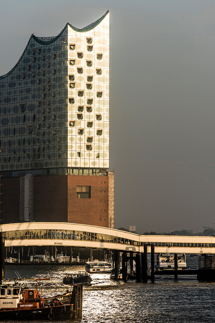 The concert hall Elbphilharmonie with the worldwide unique spherical crooked windowpanes, view from the Landungsbrücken, harbour city, Hamburg, Germany