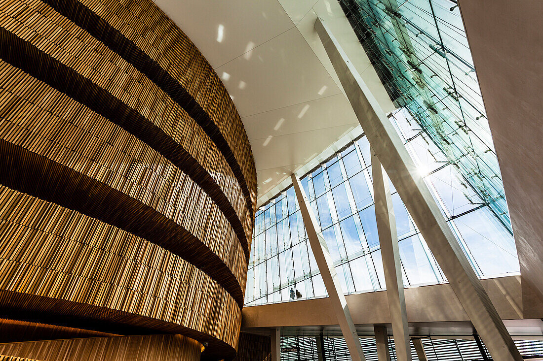 Look from the entrance hall of the opera at the glass front, Oslo, Norway