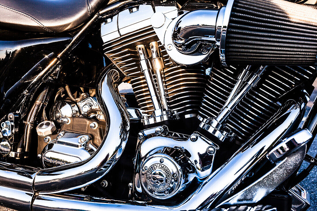 Detail, chrome-shining engine block of a motorcycle Harley Davidson, New York, USA