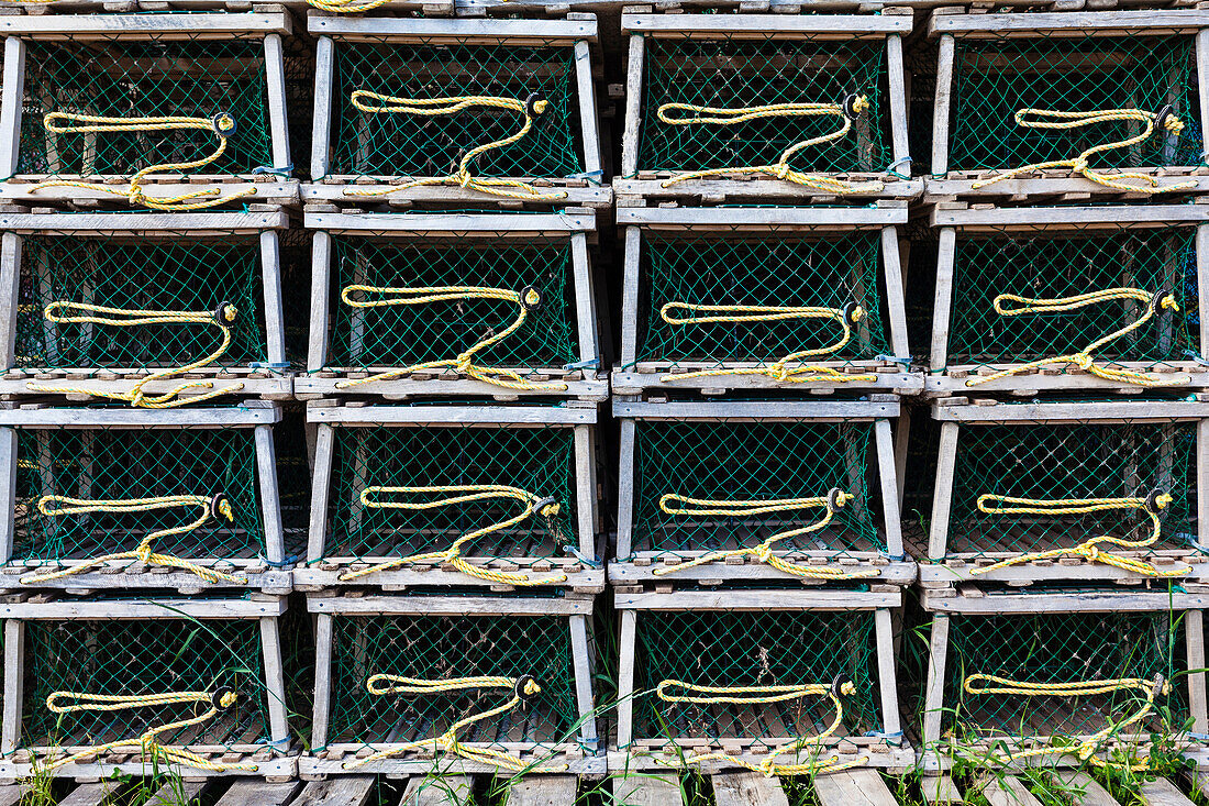 Fish traps for lobster catch on the coast in the Cape Breton Highlands park at the North Atlantic Ocean, Pleasant Bay, Nova Scotia, Canada