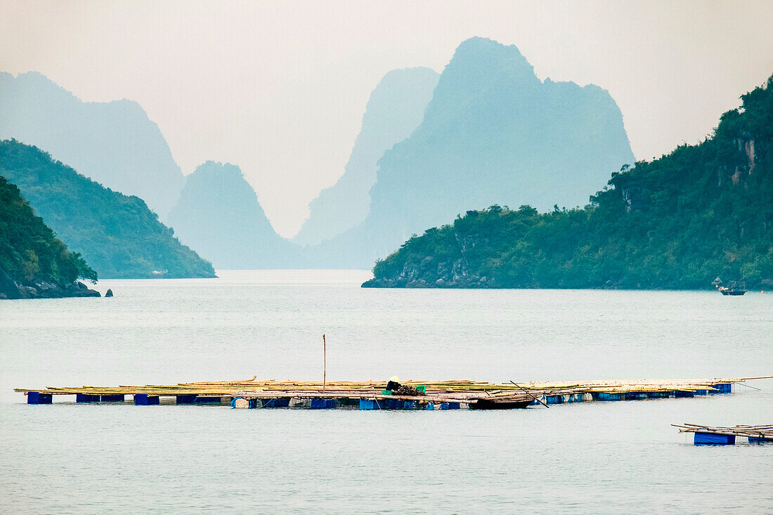 Floating fish farm in Ha Long Bay near Cát Bà Island, Hai Phong Province, Vietnam