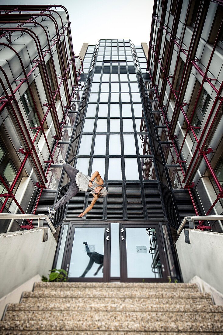 Professional Parkour Athlete Alexander Schauer on a free running session in Vienna, Austria.