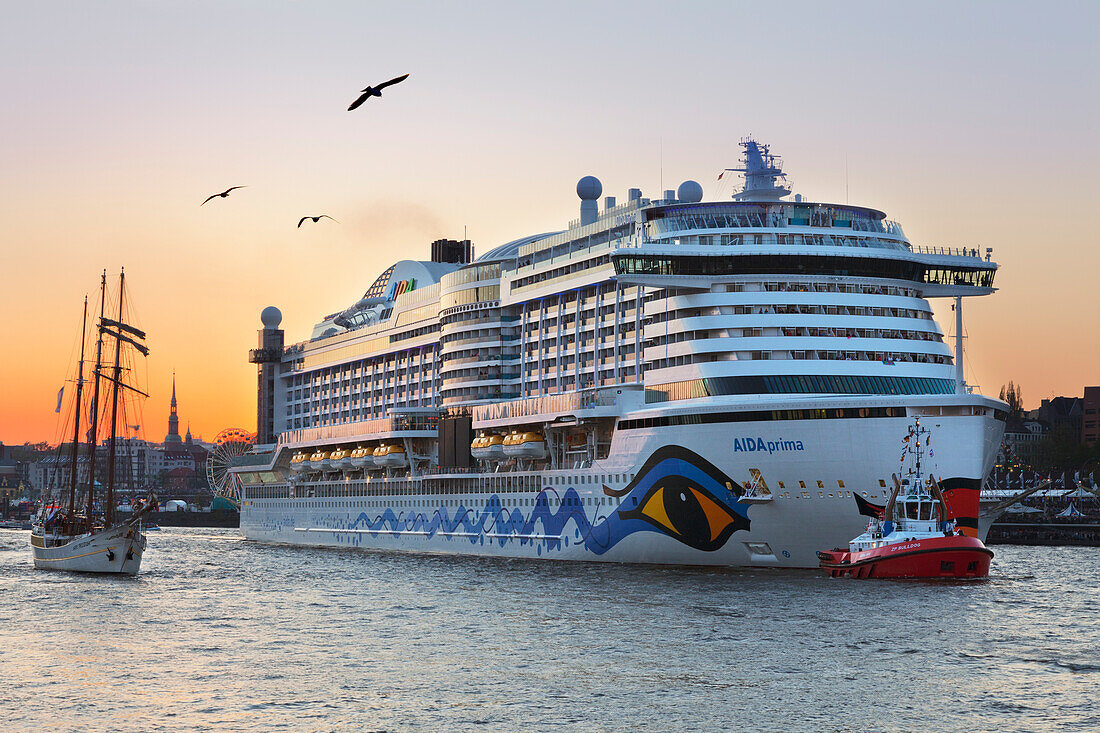 Kreuzfahrtschiff AIDAprima beim Einlaufen in den Hafen, Hamburg, Deutschland