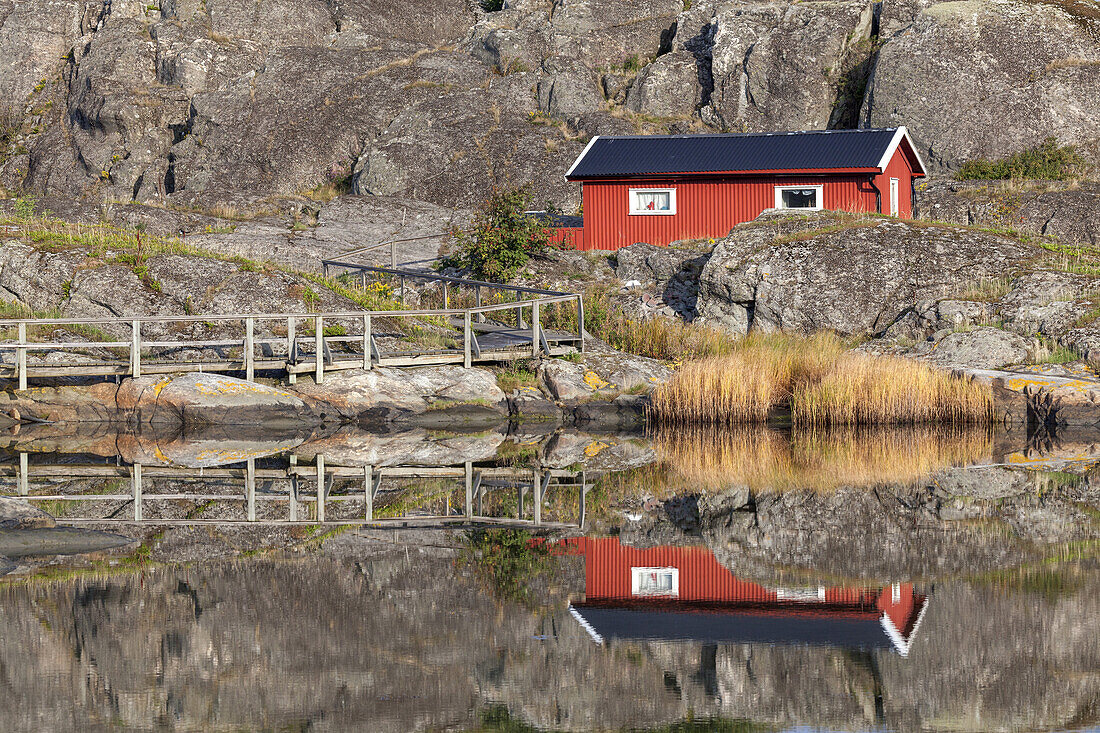 Swedish cottage with reflection in the sea, Island Koö, Bohuslän, Västergötland, Götaland, South Sweden, Sweden, Scandinavia, Northern Europe, Europe