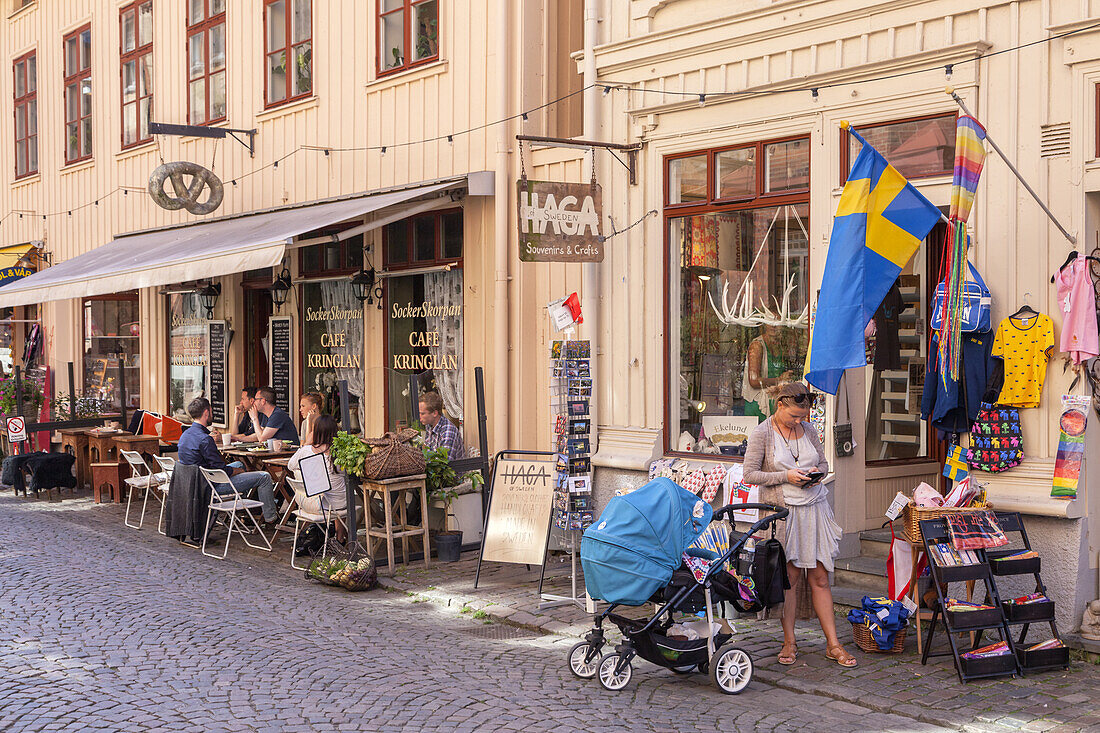 Cafe in the pedestrian zone Haga Nygata im district Haga, Gothenburg, Bohuslän,  Götaland, Västra Götalands län, South Sweden, Sweden, Scandinavia, Northern Europe, Europe