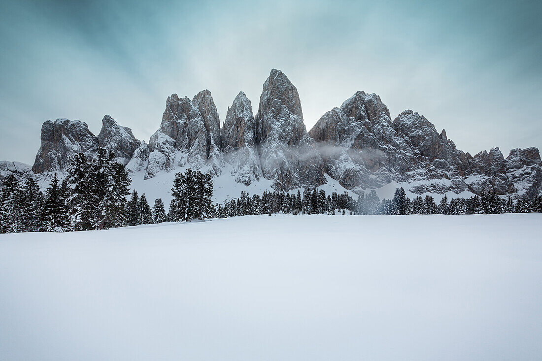 Winterly morning in the area of the Villnoesser Geisler, Gruppo delle Odle, Dolomites, Unesco world heritage, Italy