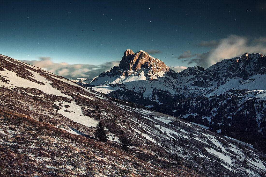 Peitlerkofel mountain at night in the moonlight, Dolomites, Unesco world heritage, Italy