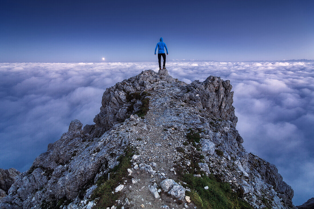 Hiker standing on a rock over a sea of fog in the early morning, Rosengarten mountain range, Dolomites, Unesco world heritage, Italy