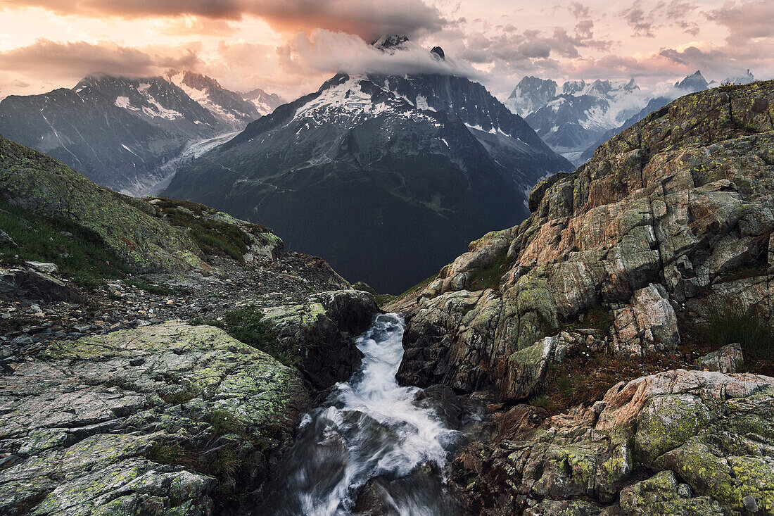View to the Mont-Blanc mountain range right before sunrise, Chamonix, France