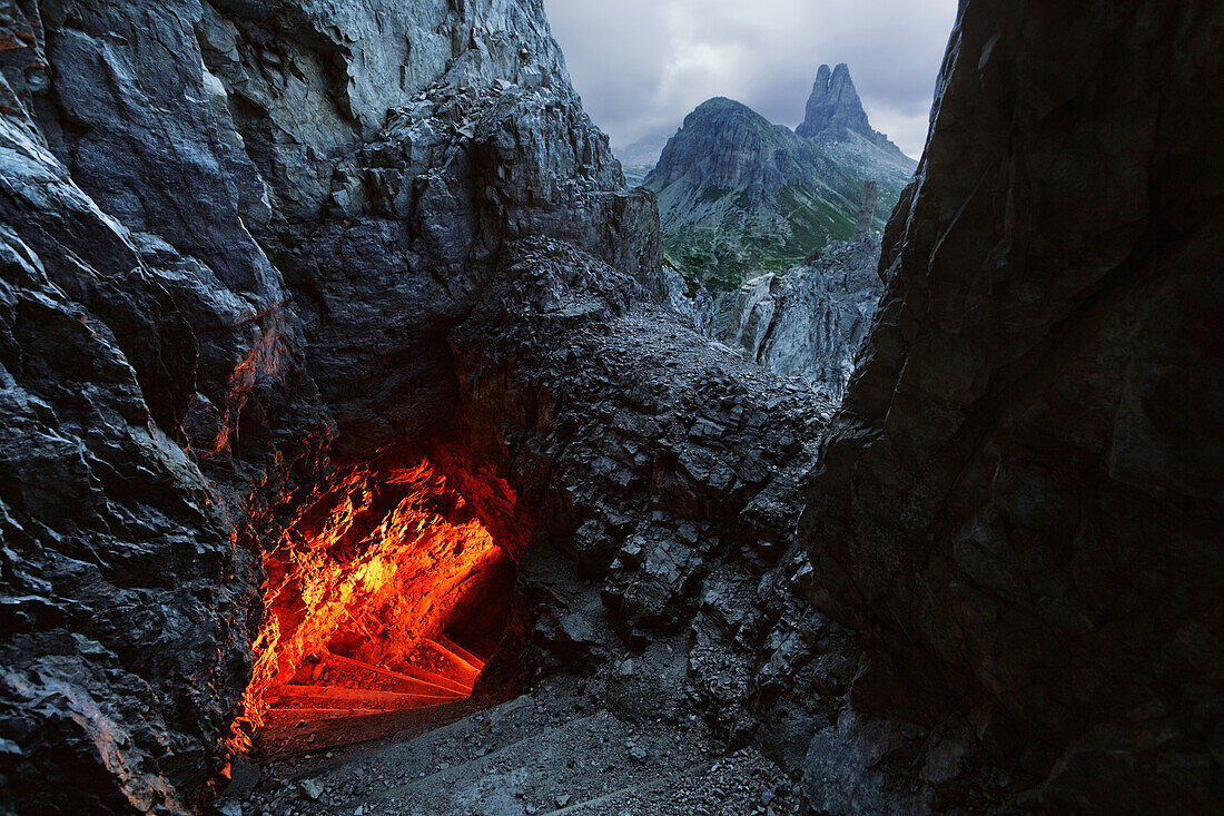 Near the beginning of the via ferrata leading to Paternkofel, The mountain tunnel was built during the First World War, Sexten Dolomites, Unesco world heritage, Italy