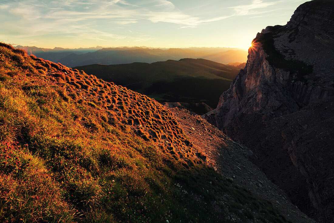 Letztes Sonnenlicht, Seceda, Dolomiten, Unesco Weltkulturerbe, in Gröden, Südtirol, Italien