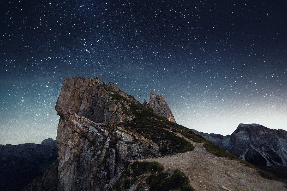 Geisler Group at night, seen from Seceda, Dolomites, Unesco world heritage, South Tyrol, Italy
