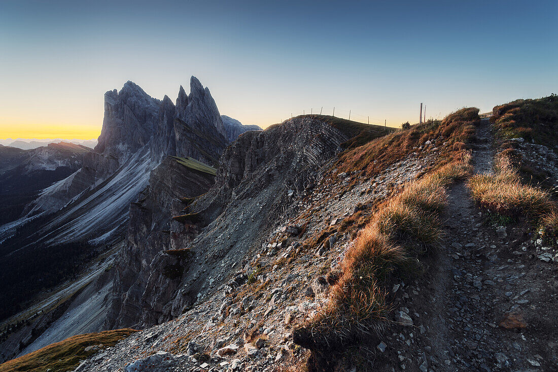 Seceda and Geisler Group in the early morning, Dolomites, Unesco world heritage, South Tyrol, Italy