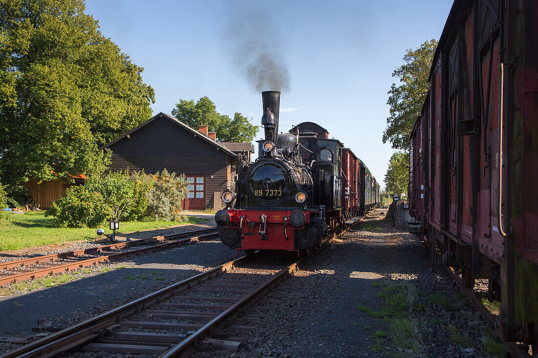 Dampflokomotive und Rhön-Zügle, einer Ausflugsbahn zwischen Fladungen und Ostheim, Fladungen, Rhön, Bayern, Deutschland