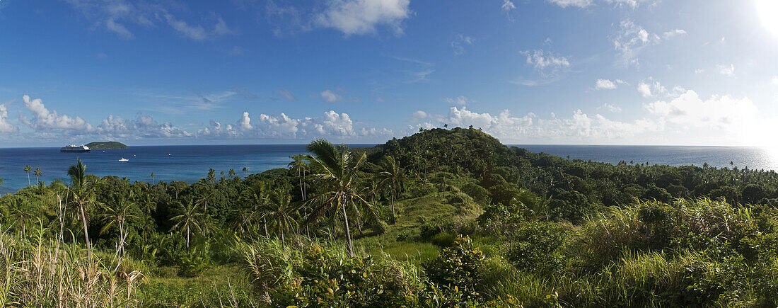 Kokospalmen auf der Insel Dravuni, Fidschi mit der MS Oosterdam im Hintergrund