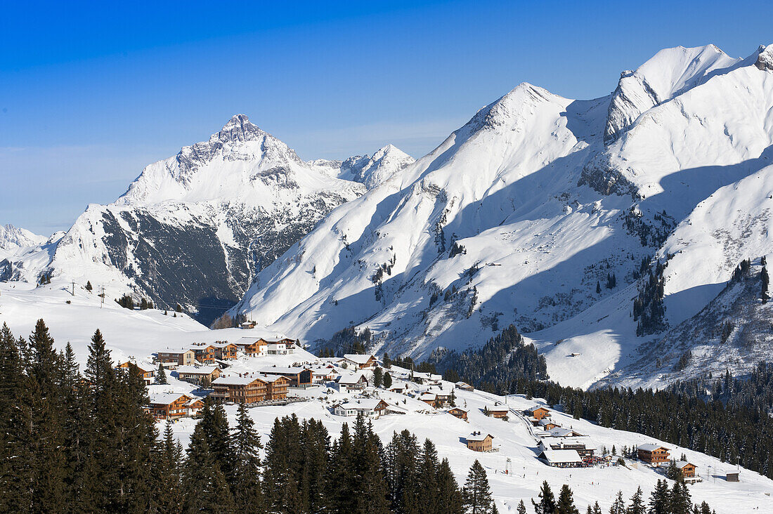 view towards snowed-in Oberlech, a car-free village in the Arlberg ski resort