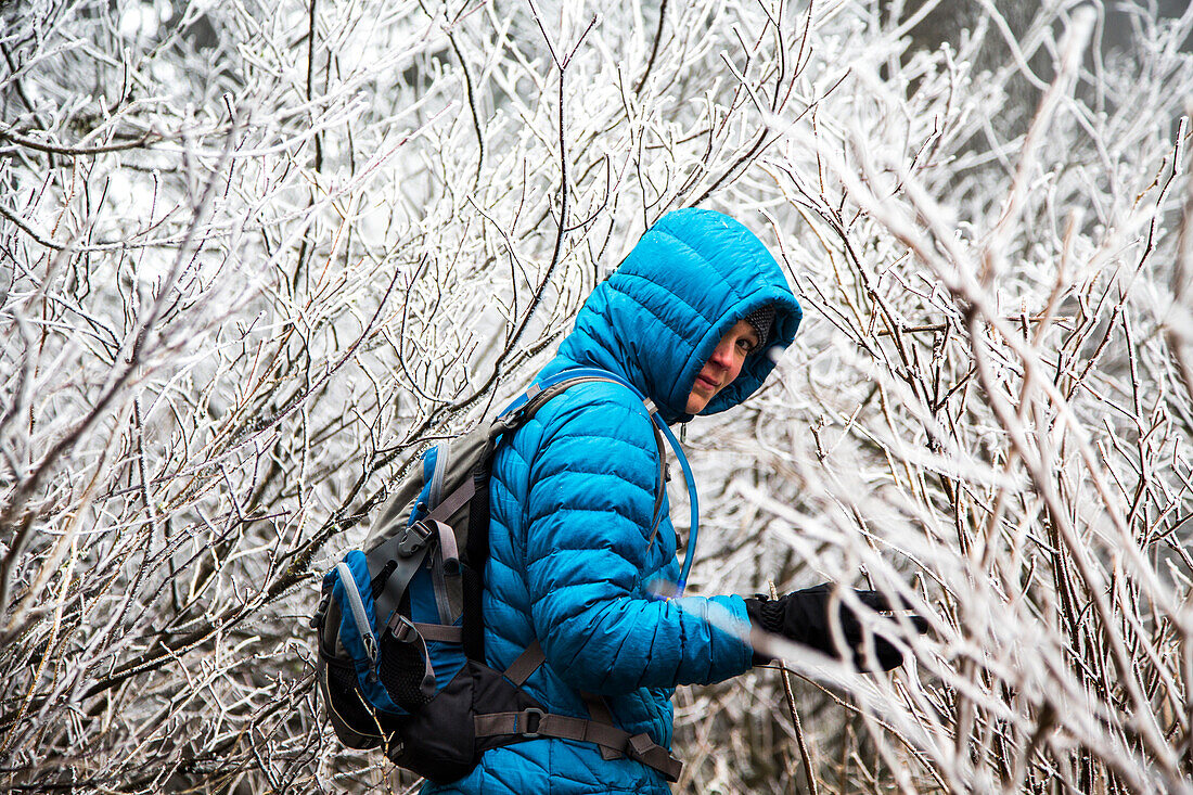 A woman in teal parka and hood looks back over her shoulder amid a forest of frozen branches.