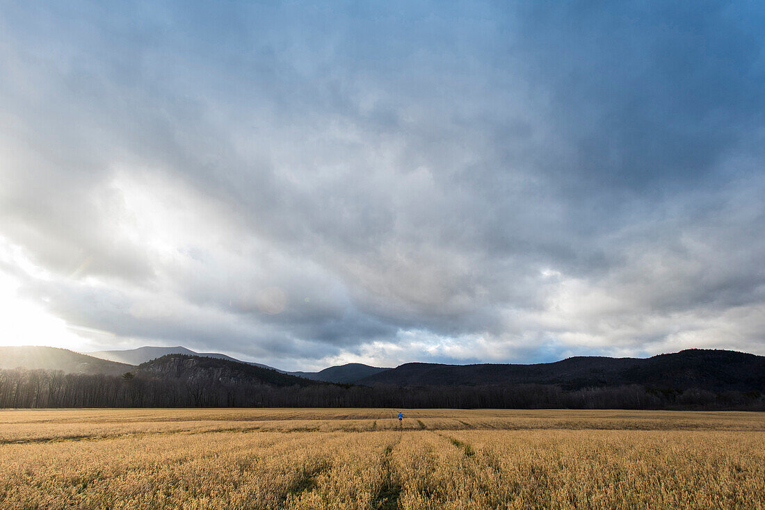 Clouds and mountains dwarf a lone runner in a field.