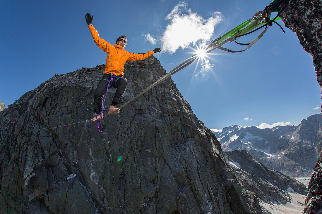 Alpine Highline Project in the Swiss Alps above the Monte Forno glacier.