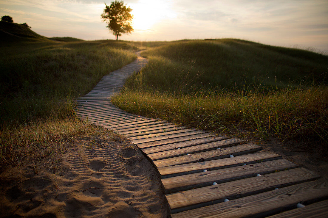 Boardwalk in Kohler-Andrae State Park in Sheboygan, Wisconsin offers camping and 2.5 miles of sandy beach.