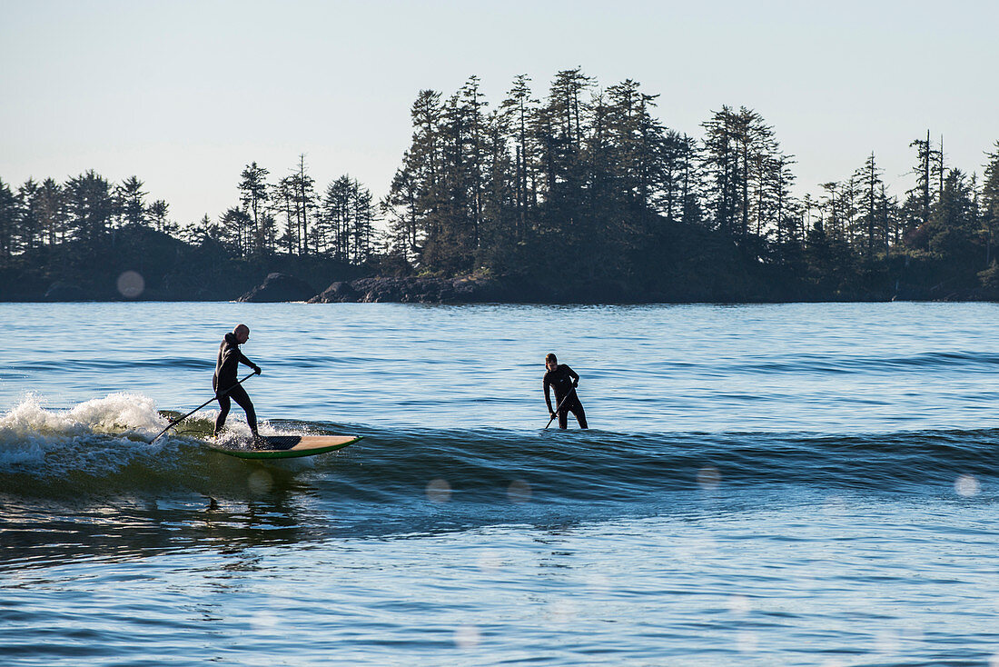 Paddle board surfing in Tofino, British Columbia.