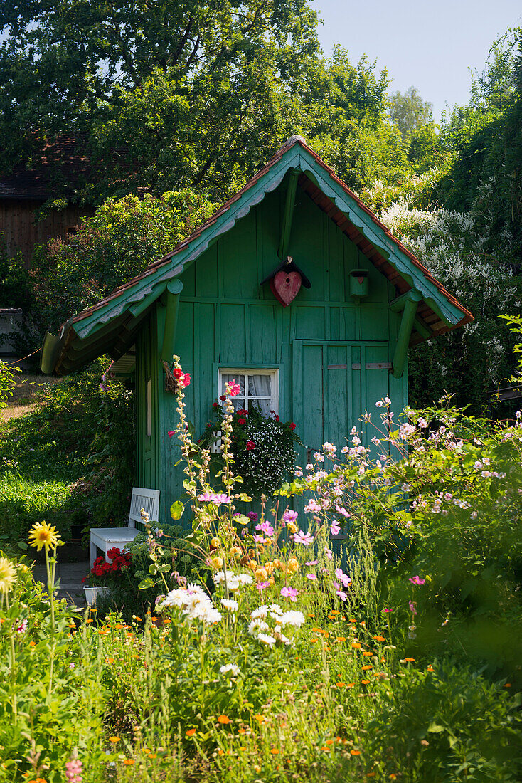 private garden with summer flowers, Meersburg, Lake Constance, Baden-Württemberg, Germany