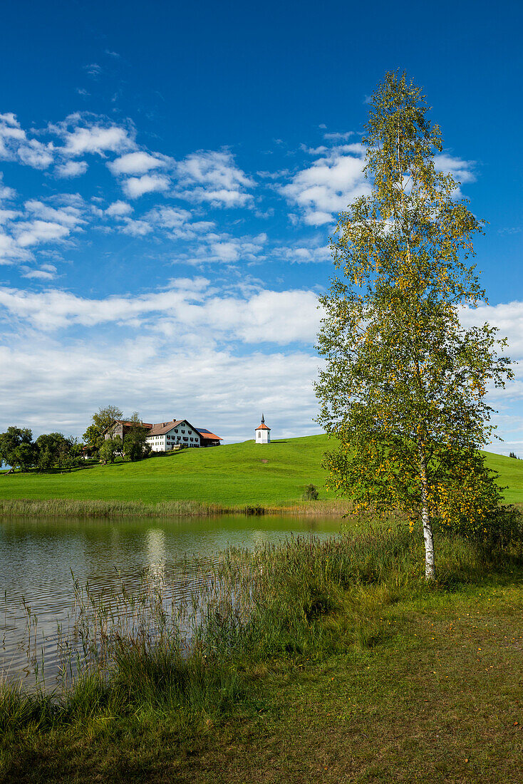 Hegratsrieder See, und Bauernhof mit Kapelle, bei Füssen, Allgäu, Bayern, Deutschland