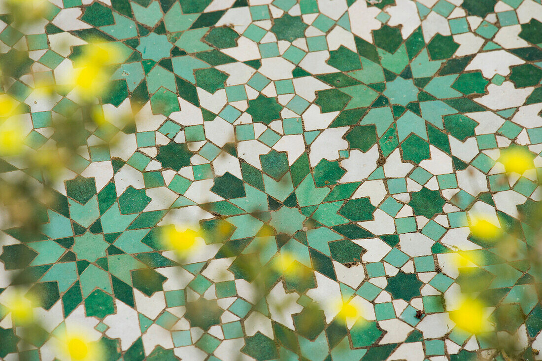 grünweiße Kacheln auf einem Friedhofi, Fès, Marokko