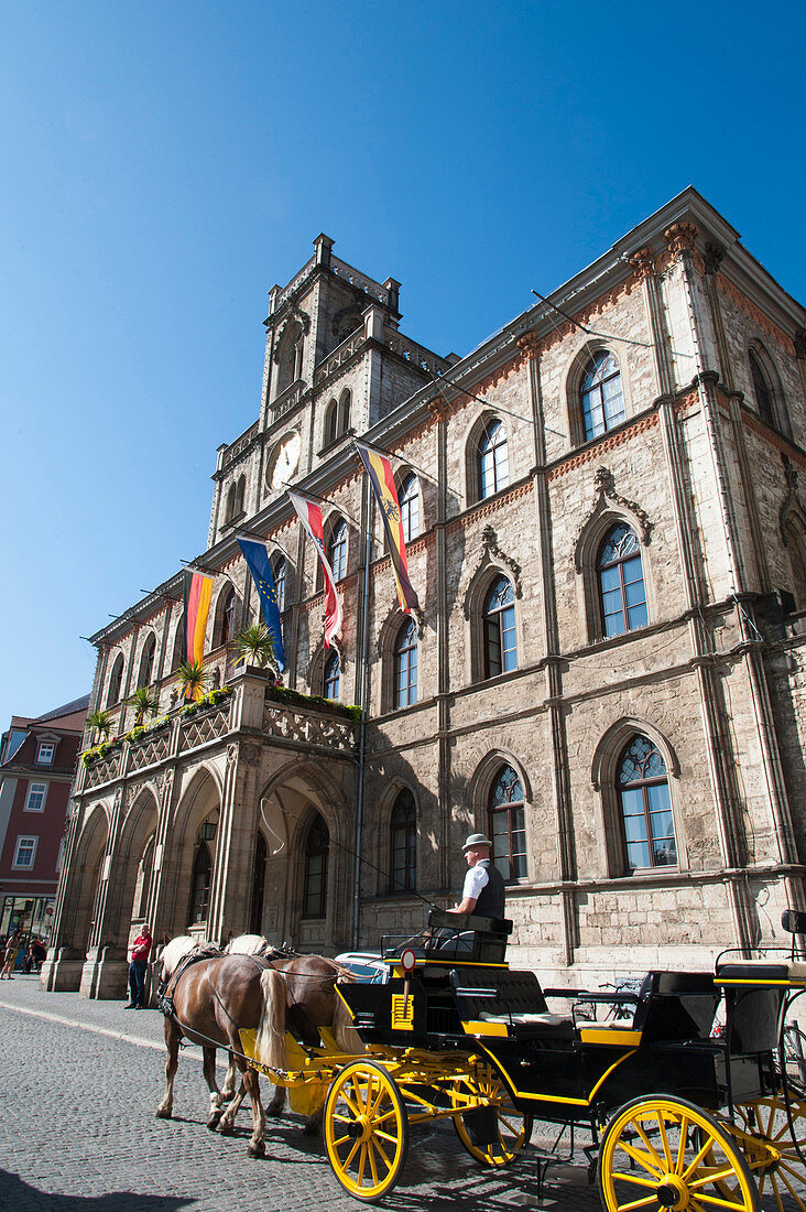 Horse carriage in front of the Guild hall, Weimar, Thuringia, Germany