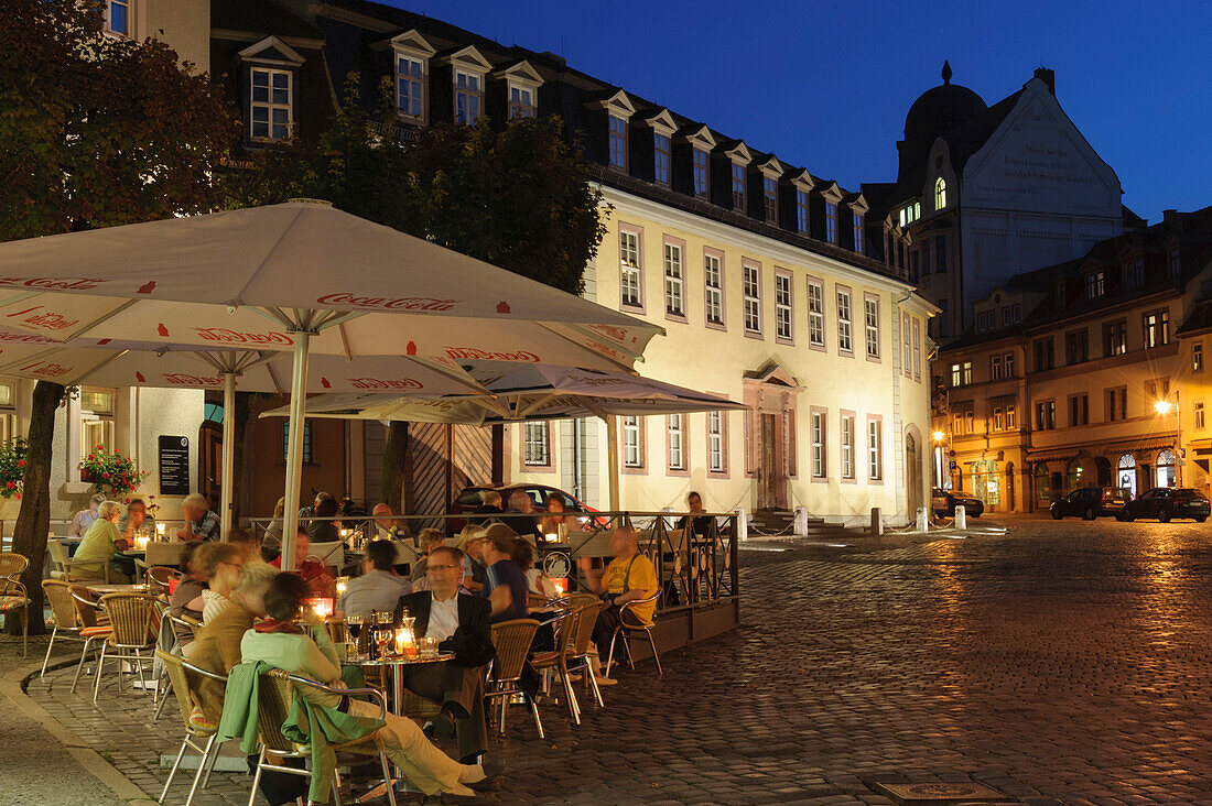Cafe on Frauenplan, Goethe National Museum at dusk, Weimar, Thuringia, Germany