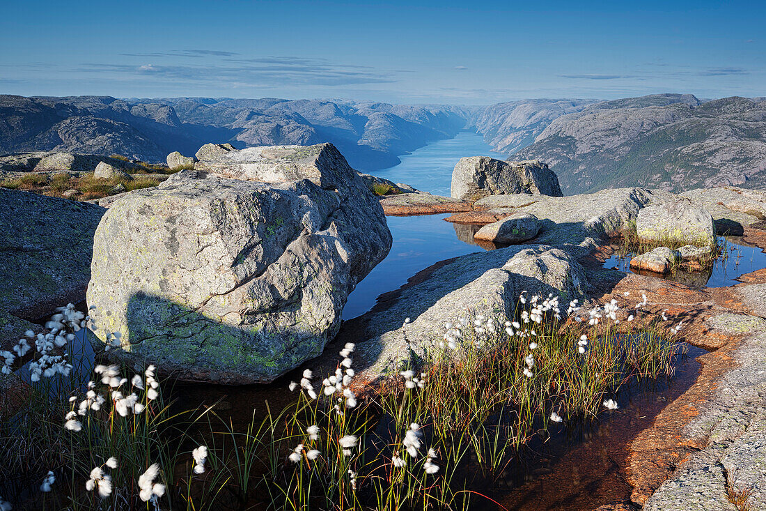 View across the Lysefjord in the sun from Hengjanfjell near the Preikestolen, Rogaland, Norway, Scandinavia