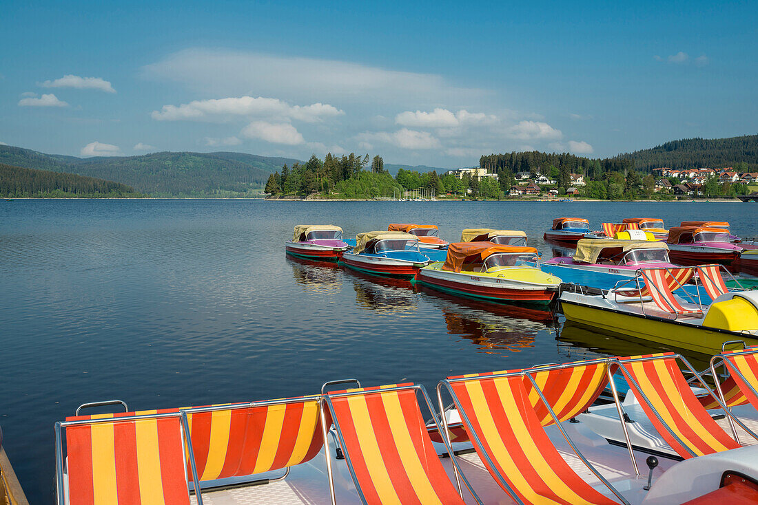 colorful boats, Schluchsee, Black Forest, Baden-Wuerttemberg, Germany