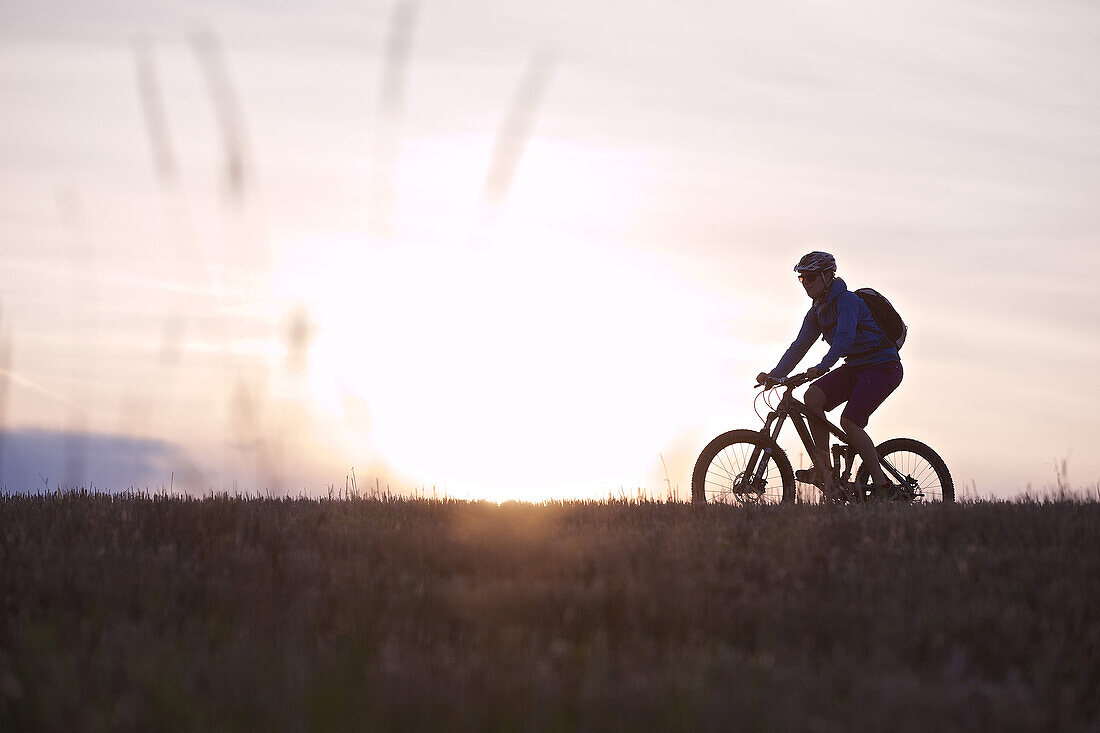 Junge Frau fährt Fahrrad durch ein Feld