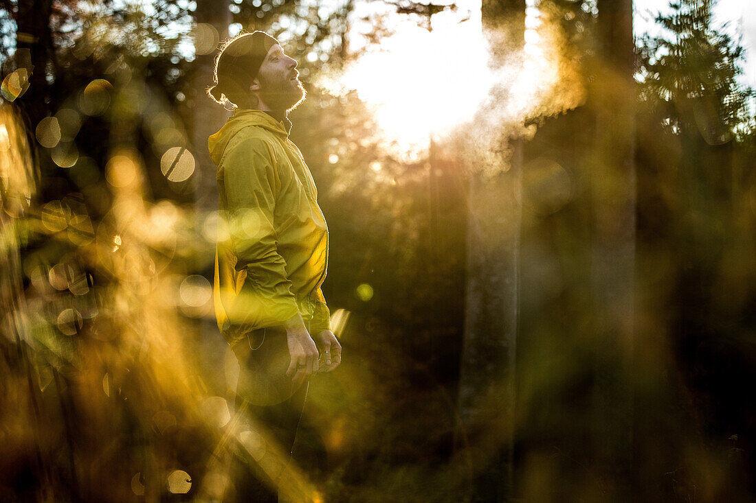 Young male runner having a short break in a forest, Allgaeu, Bavaria, Germany