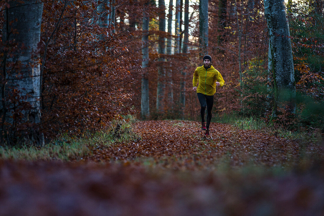 Junger Mann läuft auf einem Weg durch einen Wald, Allgäu, Bayern, Deutschland