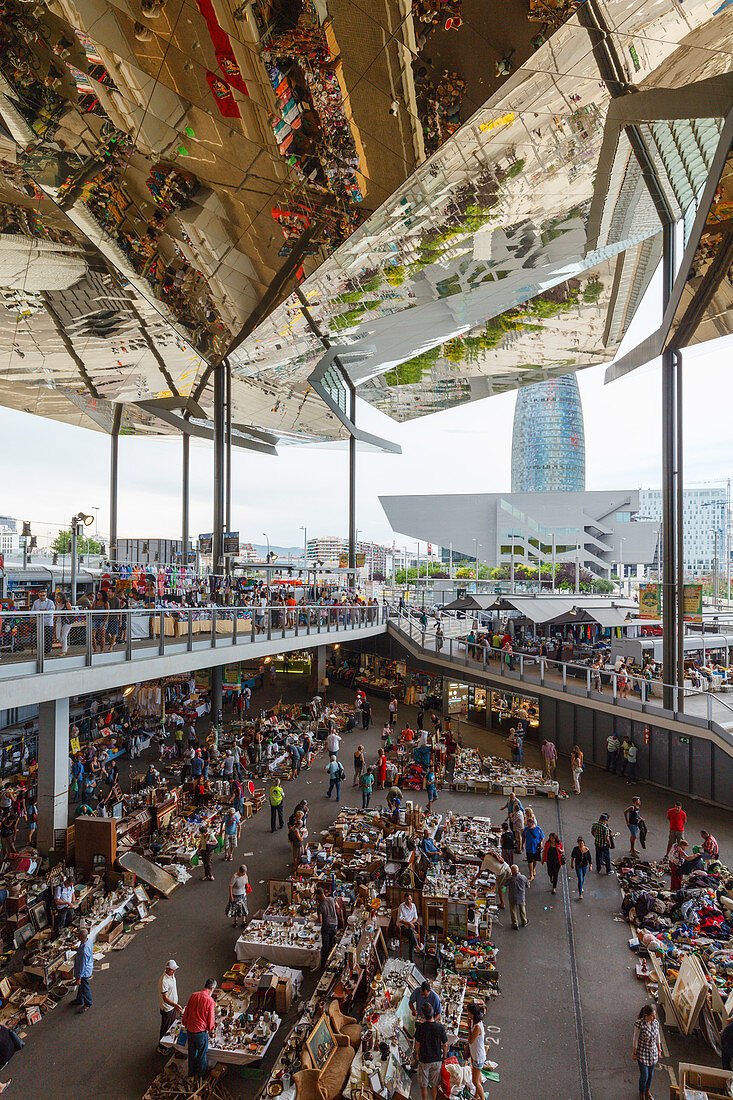 roof with mirrors, market hall Nous Encants, Barcelona, Catalunya, Catalonia, Spain, Europe