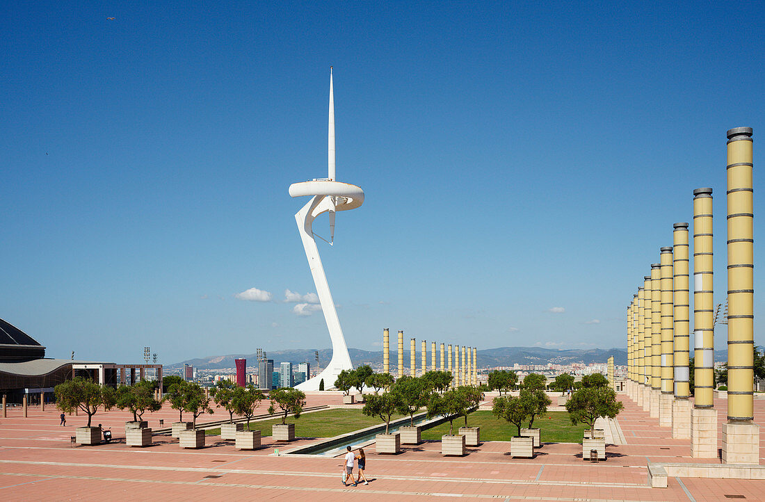 Torre de Calatrava, Telekomunikationsturm, Architekt Santiago Calatrava, Anella Olimpica, Olympiagelände von 1992, Berg Montjuic, Barcelona, Katalonien, Spanien, Europa