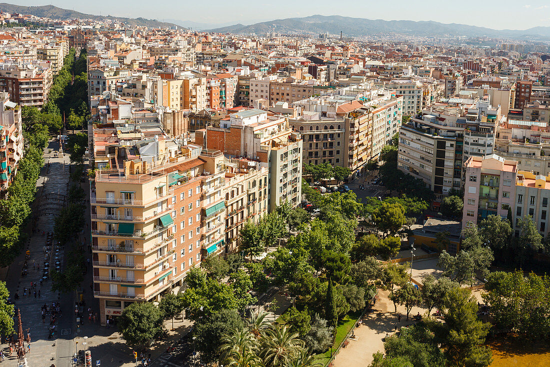 view from a tower of La Sagrada Familia, church, cathedral, architect Antonio Gaudi, modernisme, Art Nouveau, city district Eixample, Barcelona, Catalunya, Catalonia, Spain, Europe