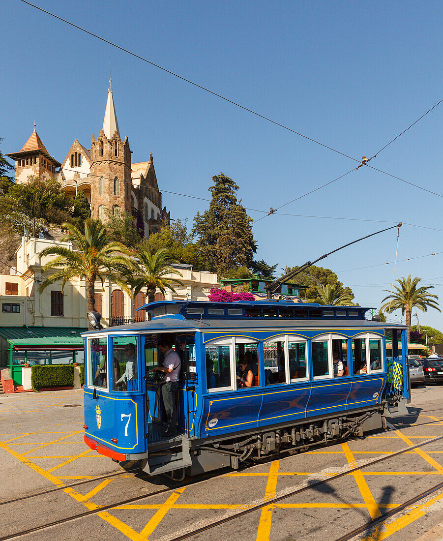 Tramvia Blau at Placa Dr. Andreu, historical tram to Tibidabo mountain, Barcelona, Catalunya, Catalonia, Spain, Europe