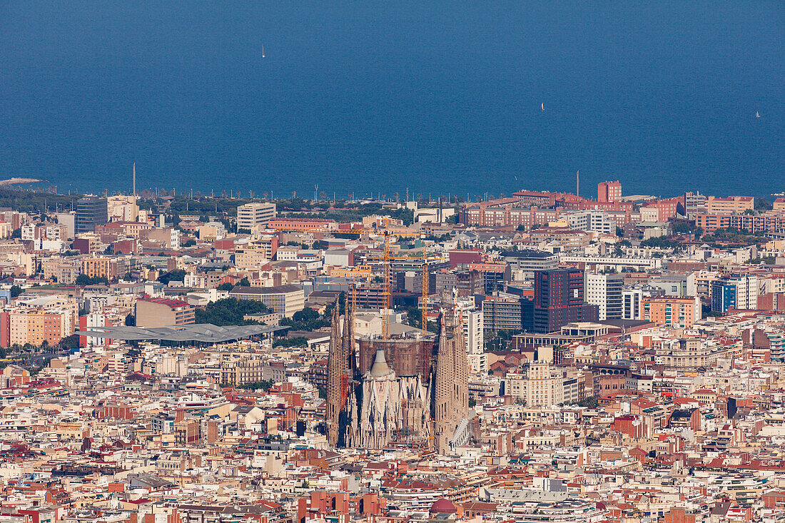 view across Barcelona with Sagrada Familia from Tibidabo mountain, Barcelona, Catalunya, Catalonia, Spain, Europe